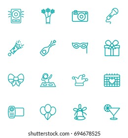 Set Of 16 Cocktail Outline Icons Set.Collection Of Alcohol, Firecrackers, Bow And Other Elements.