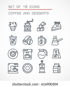 Set of 16 coffee icons. Desserts and drinks pack. Outline symbol collection. Easy to place on your picture. Mono linear pictograms. Vector illustration. EPS 10.