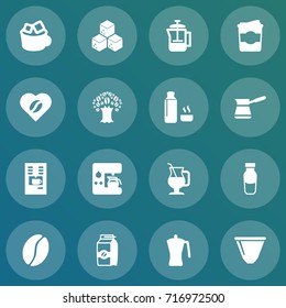 Set Of 16 Coffee Icons Set.Collection Of Mocha, Sweetener, Seed Pack And Other Elements.