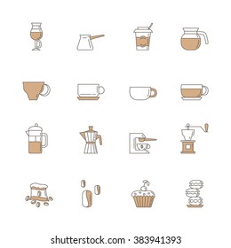 Set of 16 coffee linear with brown color icons isolated on the white background.