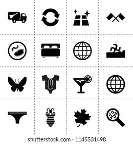 Set of 16 collection filled icons such as harvester, refresh, acer leaf, shine, globe, garbage truck, flags, woman underwear, baby clothing, microoganisms, microorganisms