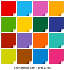 Set of 16 colored blank paper squares with bent angles. Vector illustration