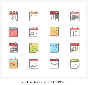 Set of 16 colored calendar line icons, vector eps10 illustration