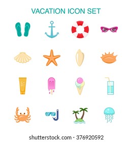 Set of 16 colored icons about vacation and summer.