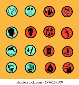 Conjunto de 16 iconos planos minimalistas de color. Se exponen los temas de la protección del medio ambiente, el saneamiento, el equipo de protección personal y la salud.