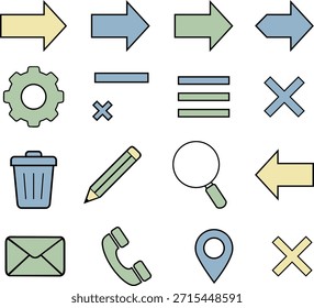 Conjunto de 16 iconos de línea plana de colores para el Web y el móvil. Cuenta con flechas de navegación, Configuraciones de equipo, papelera, lápiz, búsqueda, correo electrónico, teléfono y símbolos de pin de mapa. Diseño de Vector minimalista limpio.