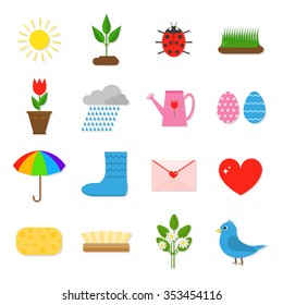 Set of 16 colorful flat spring icons. 
