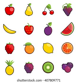 Set of 16 colorful fruit icons with black outline.