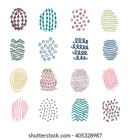 Set of 16 colorful hatching hand drawn shapes scribble, line, spot, textures design elements, doodles patterns of ink art and pencil strokes, vector isolated.