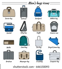 Set of 16 colorful pictures in linear style. Different types of men's bag. Backpack, athletic, satchel, camera case, bicycle frame bag, briefcase, messenger, crossboby etc. Vector illustration.