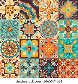 Set of 16 colorful tiles Azulejos. Traditional Portuguese or Spain decor. Seamless patchwork tile. Islam, Arabic, Indian, Ottoman motifs. Ceramic tile in talavera style. Gaudi mosaic. Boho pattern