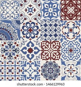 Set of 16 colorful tiles Azulejos. Traditional Portuguese or Spain decor. Seamless patchwork tile. Islam, Arabic, Indian, Ottoman motifs. Ceramic tile in talavera style. Gaudi mosaic. Boho pattern