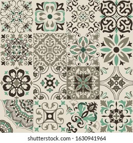 Set of 16 colorful tiles Azulejos. Traditional Portuguese or Spain decor. Seamless patchwork tile. Islam, Arabic, Indian, Ottoman motifs. Ceramic tile in talavera style. Gaudi mosaic. Boho pattern