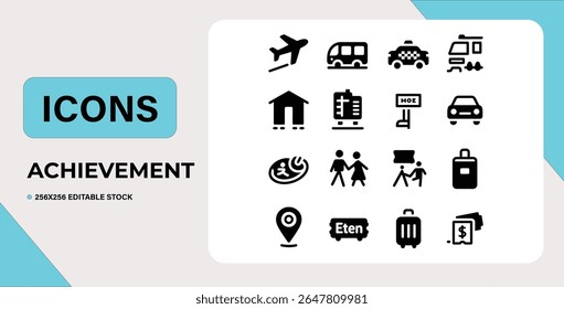 Set of 16 colorful travel icons. Editable vector stock.