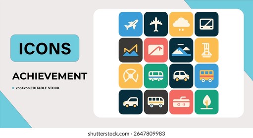 Set of 16 colorful travel icons. Editable vector stock.