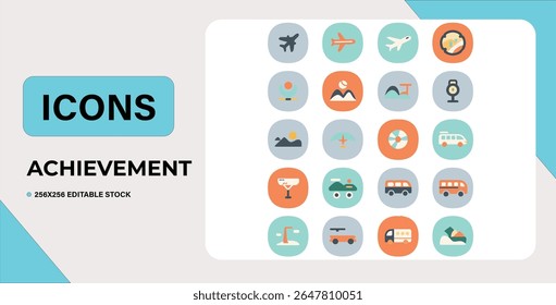 Set of 16 colorful travel icons. Editable vector stock.