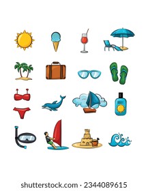 Set Of 16 Colorful And Unique Beach Vectors And Summer Icons