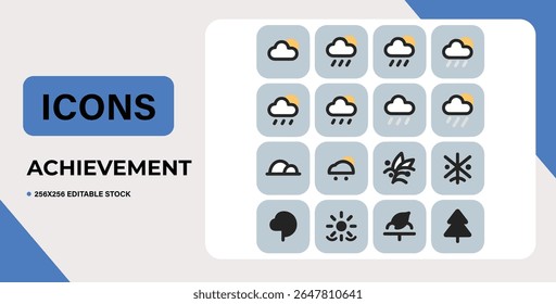 Set of 16 colorful weather icons, isolated on white background.  Editable vector stock.