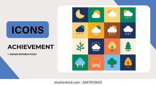 Set of 16 colorful weather icons, isolated on white background.  Editable vector stock.