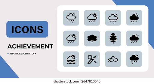 Set of 16 colorful weather icons, isolated on white background.  Editable vector stock.