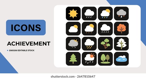 Set of 16 colorful weather icons, isolated on white background.  Editable vector stock.