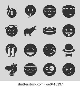 Set of 16 comic filled icons such as hippopotamus, explosion, laughing emot, wink emot, crying emoji, emoji showing tongue