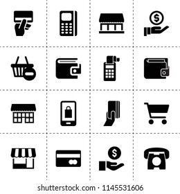 Set of 16 commerce filled icons such as coin on hand, wallet, credit card payment, pos terminal, money security, desk phone, store, bank card, pos terminal, shopping basket