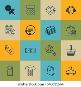 Set Of 16 Commerce Icons. Includes Handbag, Calculator, Peg Symbols. Beautiful Design Elements.