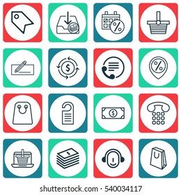 Set Of 16 Commerce Icons. Includes Handbag, Tote Bag, Dollar Banknote Symbols. Beautiful Design Elements.
