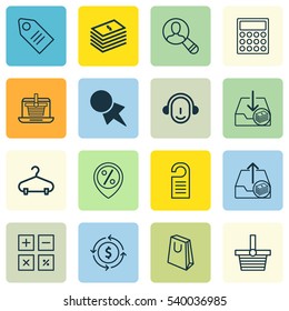 Set Of 16 Commerce Icons. Includes Peg, Dollar Banknote, Handbag Symbols. Beautiful Design Elements.