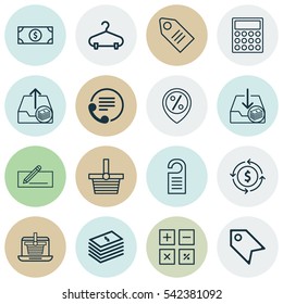 Set Of 16 Commerce Icons. Includes Finance, Pannier, Outgoing Earnings And Other Symbols. Beautiful Design Elements.