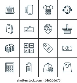Set Of 16 Commerce Icons. Includes Calculation Tool, Money Transfer, Buck And Other Symbols. Beautiful Design Elements.