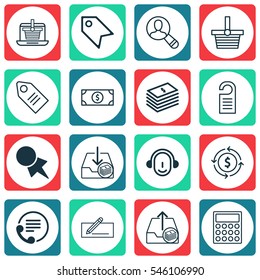 Set Of 16 Commerce Icons. Includes Dollar Banknote, Finance, Ticket And Other Symbols. Beautiful Design Elements.