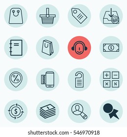 Set Of 16 Commerce Icons. Includes Pannier, Calculation Tool, Finance And Other Symbols. Beautiful Design Elements.