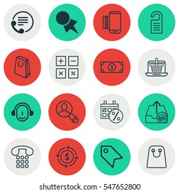 Set Of 16 Commerce Icons. Includes E-Trade, Buck, Black Friday And Other Symbols. Beautiful Design Elements.