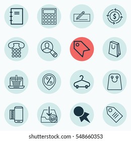 Set Of 16 Commerce Icons. Includes Callcentre, Money Transfer, Discount Location And Other Symbols. Beautiful Design Elements.