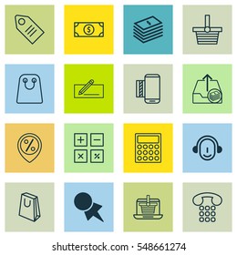 Set Of 16 Commerce Icons. Includes Discount Location, Buck, Employee And Other Symbols. Beautiful Design Elements.