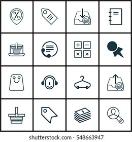Set Of 16 Commerce Icons. Includes Price Stamp, Spectator, Tote Bag And Other Symbols. Beautiful Design Elements.