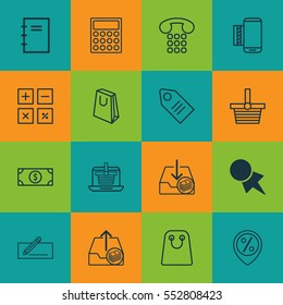 Set Of 16 Commerce Icons. Includes E-Trade, Handbag, Tote Bag Symbols. Beautiful Design Elements.
