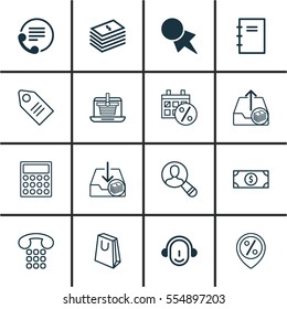 Set Of 16 Commerce Icons. Includes Discount Coupon, Spectator, Handbag Symbols. Beautiful Design Elements.