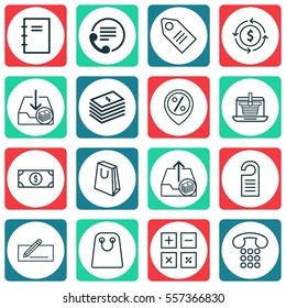 Set Of 16 Commerce Icons. Includes Finance, Telephone, Buck And Other Symbols. Beautiful Design Elements.