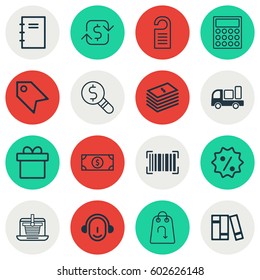 Set Of 16 Commerce Icons. Includes Delivery, Bookshelf, Buck And Other Symbols. Beautiful Design Elements.