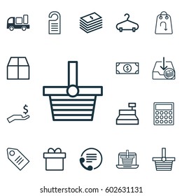 Set Of 16 Commerce Icons. Includes Till, Buck, Peg And Other Symbols. Beautiful Design Elements.