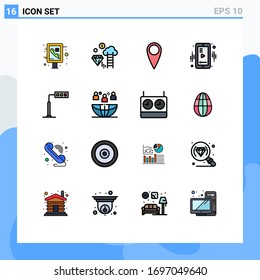 Set of 16 Commercial Flat Color Filled Lines pack for road; light; guitar; construction; player Editable Creative Vector Design Elements