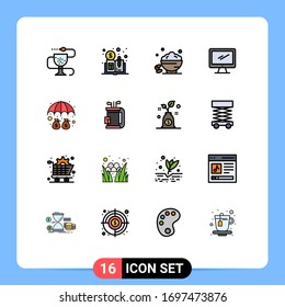 Conjunto de 16 líneas llenas de color plano comercial para pc; dispositivo; plato; supervisar; elementos de diseño de vectores creativos editables abiertos