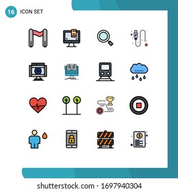 Set of 16 Commercial Flat Color Filled Lines pack for multimedia; internet; magnifier; wire; data Editable Creative Vector Design Elements