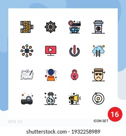 Conjunto de 16 paquetes comerciales de líneas llenas de color plano para la celda; bioquímica; pin; alimentos; elementos de diseño de vectores creativos editables para café