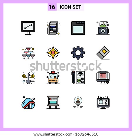 Set of 16 Commercial Flat Color Filled Lines pack for party; sparkling; browser; glass; photography Editable Creative Vector Design Elements