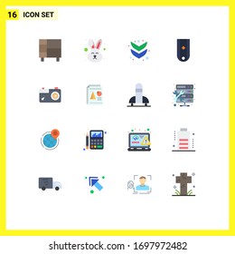 Set of 16 Commercial Flat Colors pack for camera; one; face; military; diamond Editable Pack of Creative Vector Design Elements