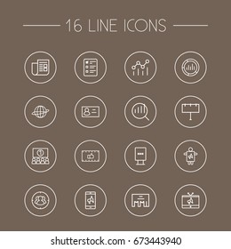 Set Of 16 Commercial Outline Icons Set.Collection Of Ad Banner, Research, Target And Other Elements.